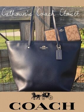 Coach Navy Zipper City Tote & Accordion Wallet Set Midnight Blue Bag